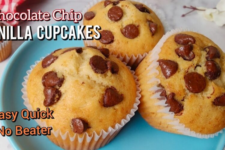 Chocolate Chip Vanilla Cupcakes | Vanilla Cupcakes Recipe | Easy One Bowl Recipe |  Easy Muffins