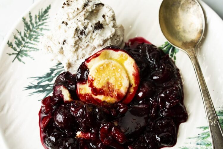 Skillet Fresh Cherry Bourbon Rosemary Pandowdy