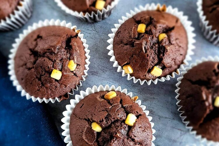 Chocolate muffins with white chocolate chips.