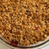 A round, glass dish contains a delightful strawberry crisp with oatmeal, featuring a golden-brown oat topping and edges revealing a luscious blackberry and red fruit filling.