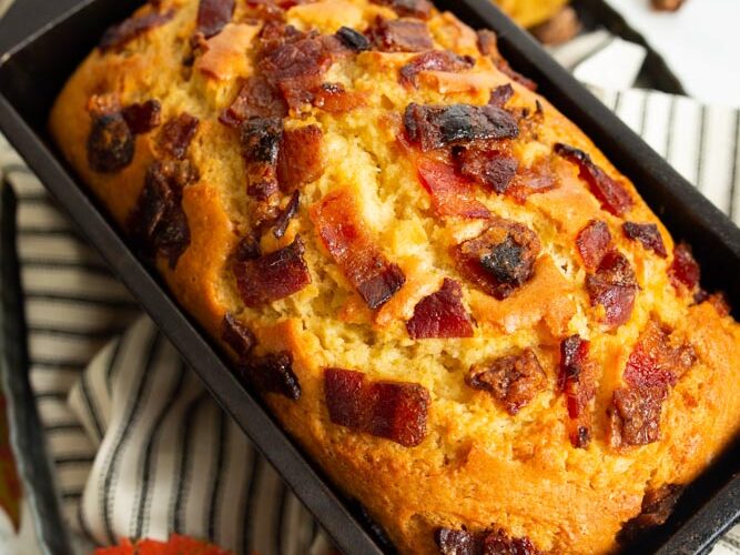 Maple Bacon Quick Bread with candied bacon