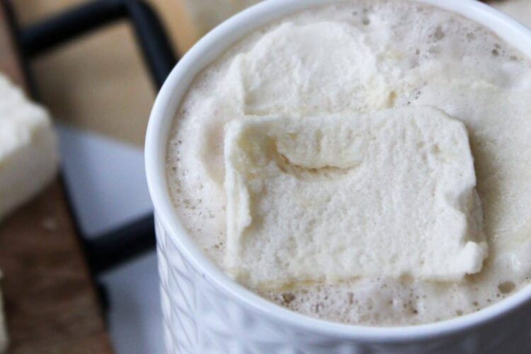 A mug of hot chocolate topped with a large sugar-free  marshmallow. made with natural maple syrup.