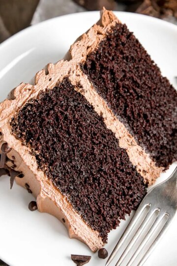A piece of chocolate cake on a plate