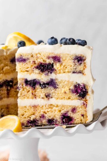 lemon blueberry layer cake with cream cheese frosting.