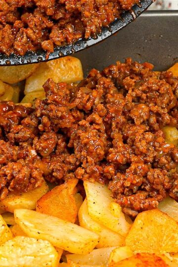 Just add ground beef to the potatoes! Simple dinner recipe!