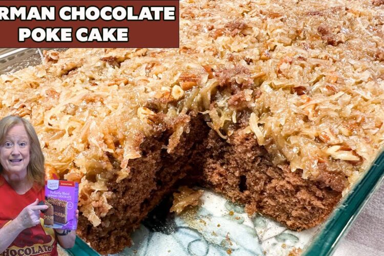 Easy GERMAN CHOCOLATE POKE CAKE from cake mix with DELICIOUS FROSTING