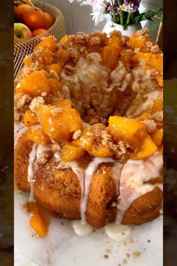 Peach Cobbler Pound Cake on deck! Recipe at Grandbaby-Cakes.com. #poundcake #cake #peachcobbler