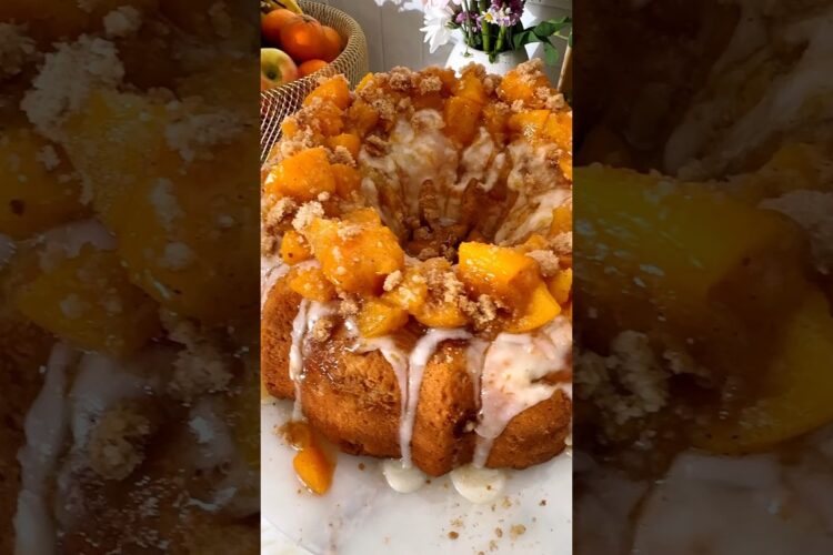 Peach Cobbler Pound Cake on deck! Recipe at Grandbaby-Cakes.com. #poundcake #cake #peachcobbler