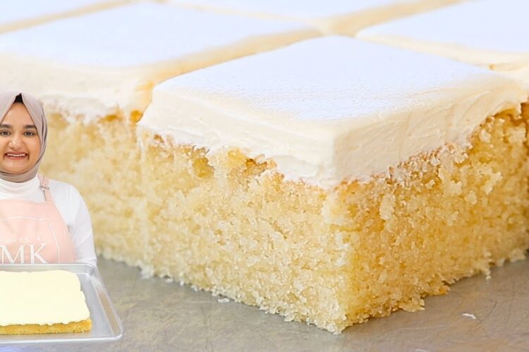 The fluffiest, most moist VANILLA SHEET CAKE I've ever had
