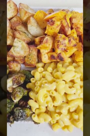 Four easy Thanksgiving side dishes: Mac & Cheese, Sweet Potatoes, Brussels Sprouts and Potatoes
