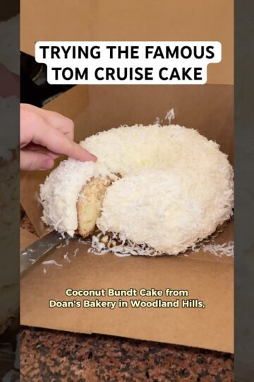 Trying TOM CRUISE’S favorite dessert: the White Chocolate Coconut Bundt Cake from Doan’s Bakery!